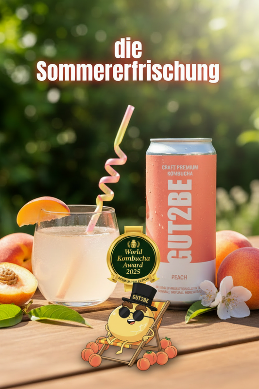 GUT2BE® Die Sommererfrischung – Peach | CRAFT PREMIUM Kombucha 24 x 330ml - GUT2BE.DEGut2beKombucha Fermentierter TeeGUT2BE® Die Sommererfrischung – Peach | CRAFT PREMIUM Kombucha 24 x 330ml