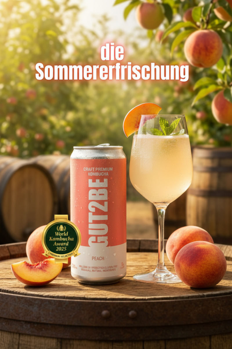 GUT2BE® Die Sommererfrischung – Peach | CRAFT PREMIUM Kombucha 24 x 330ml - GUT2BE.DEGut2beKombucha Fermentierter TeeGUT2BE® Die Sommererfrischung – Peach | CRAFT PREMIUM Kombucha 24 x 330ml